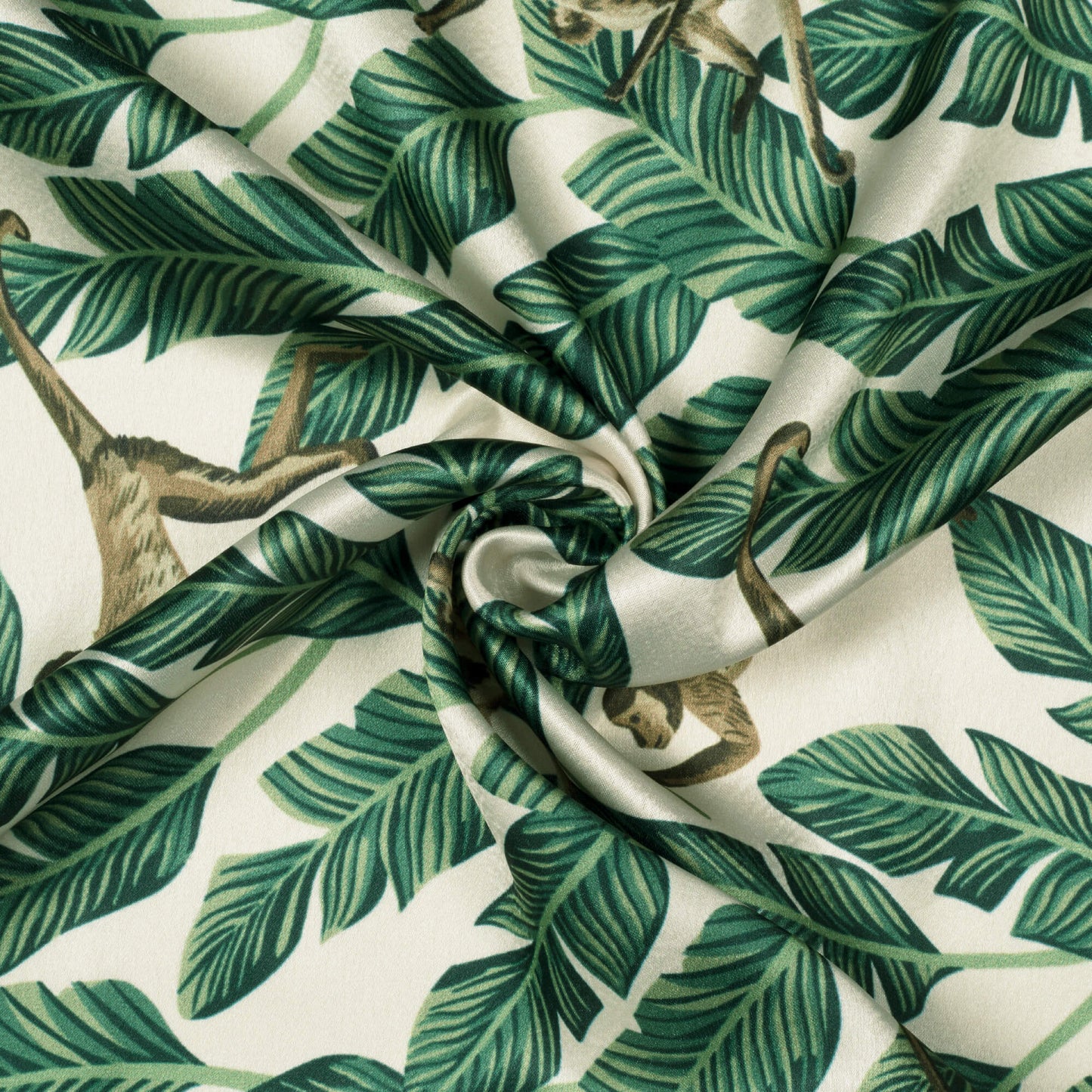 Oyster White And Green Tropical Pattern Digital Print Japan Satin Fabric - Fabcurate