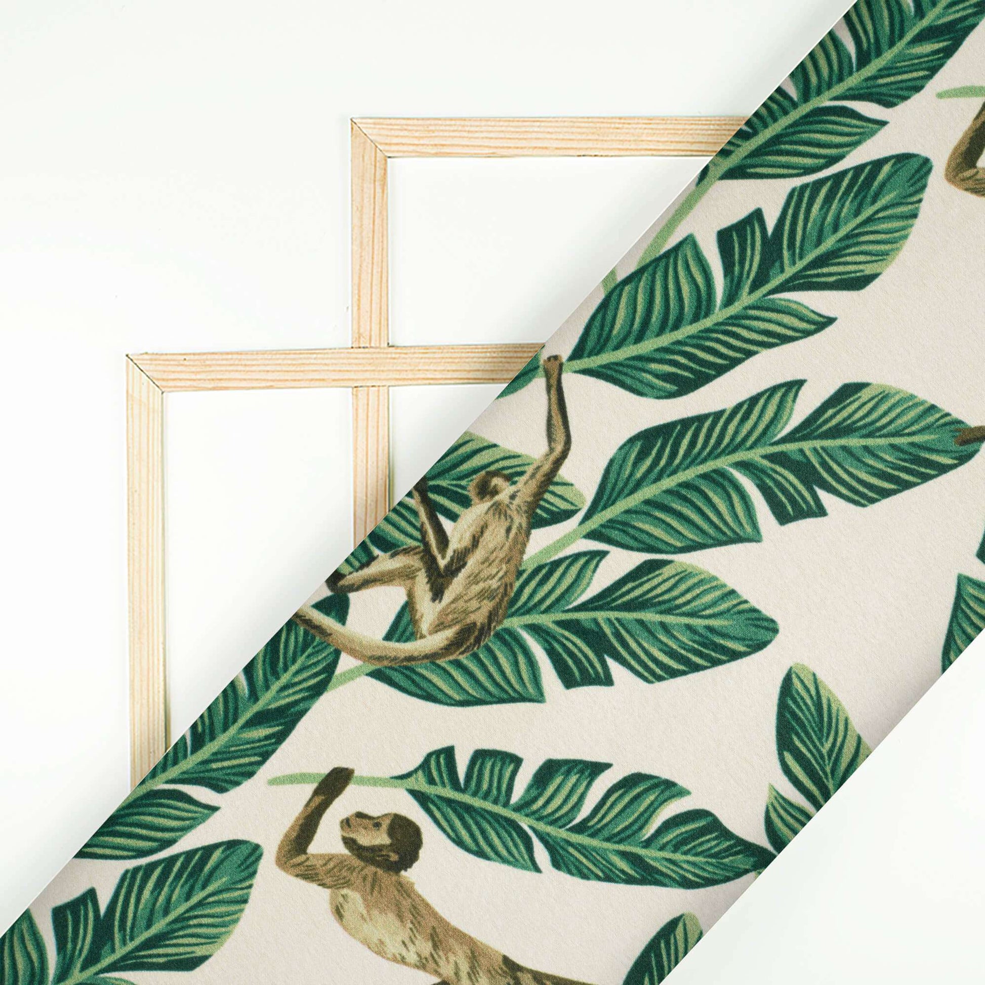 Oyster White And Green Tropical Pattern Digital Print Japan Satin Fabric - Fabcurate