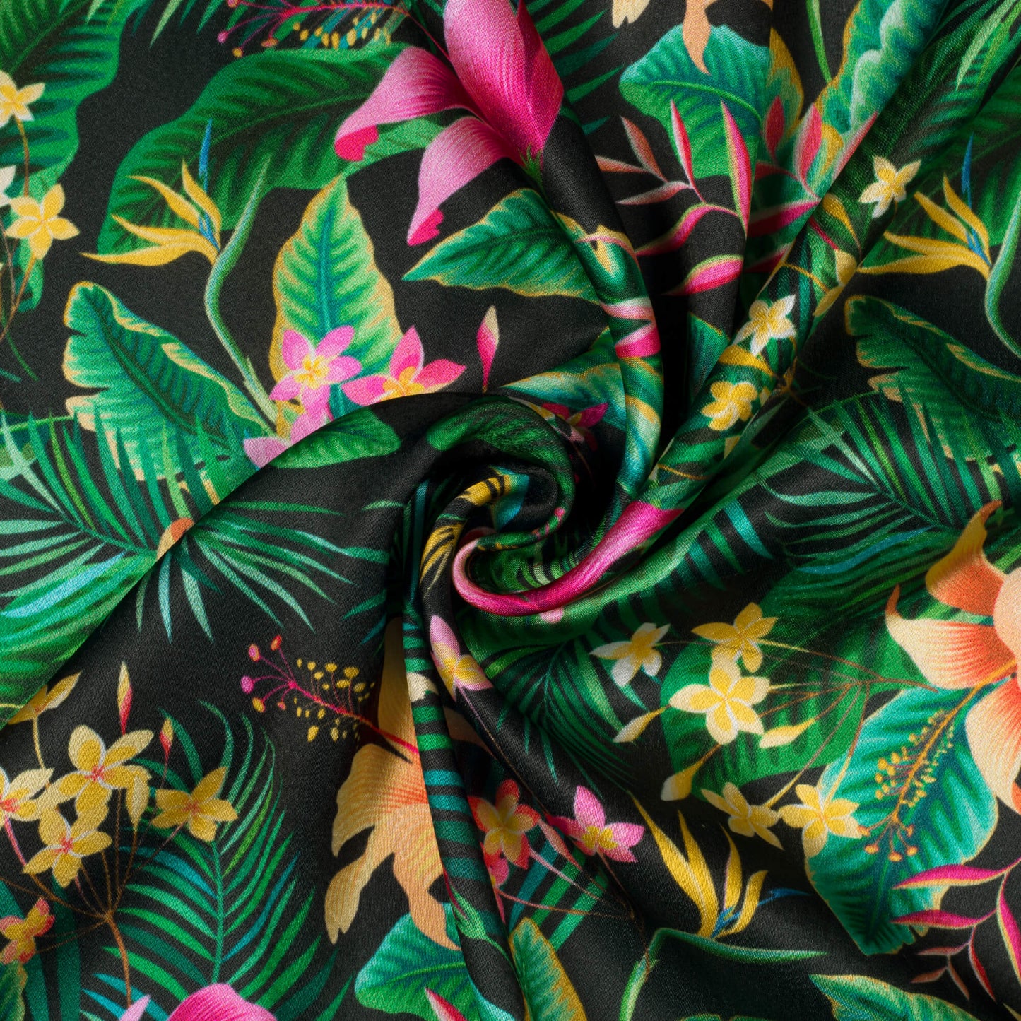Black And Pink Tropical Pattern Digital Print Japan Satin Fabric - Fabcurate
