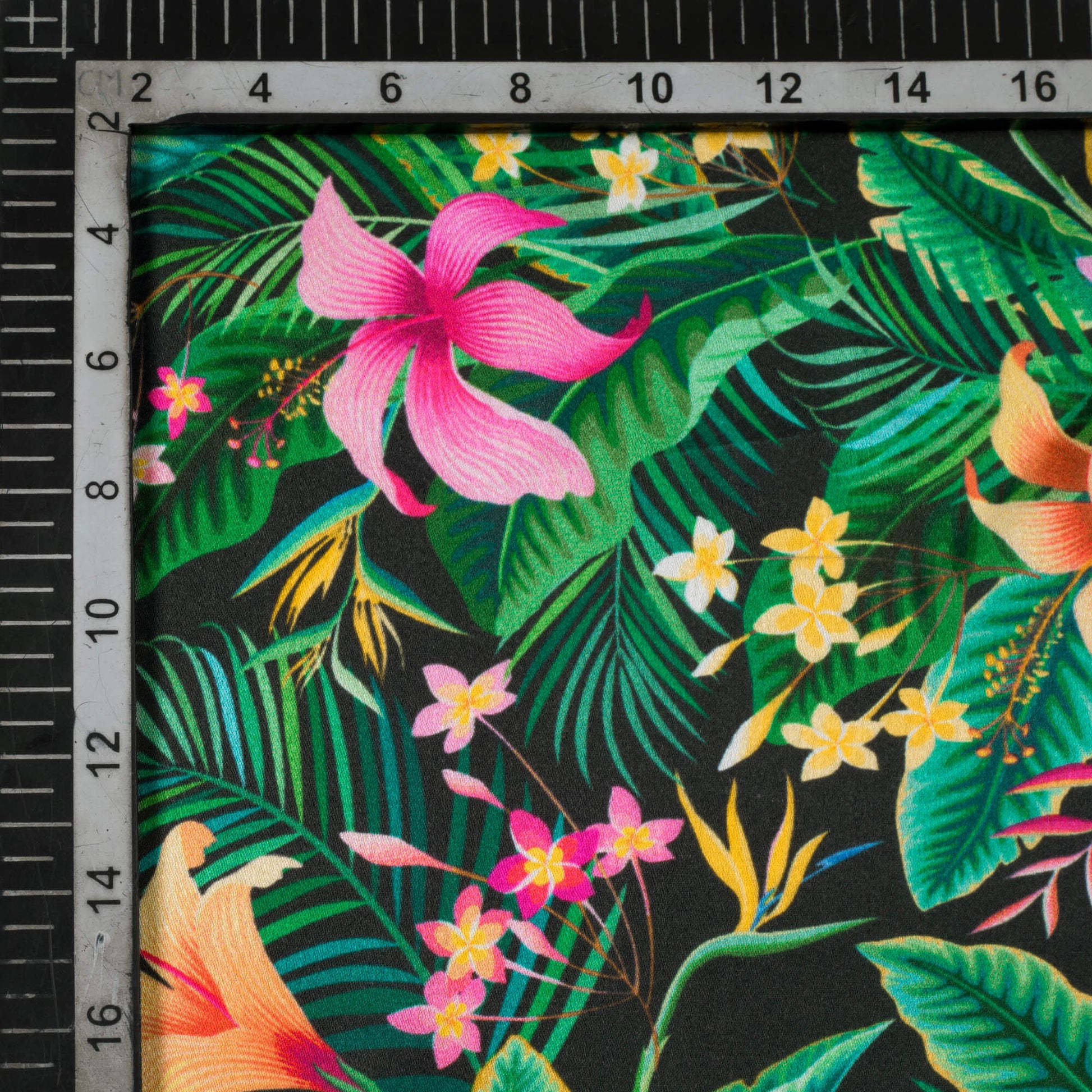 Black And Pink Tropical Pattern Digital Print Japan Satin Fabric - Fabcurate