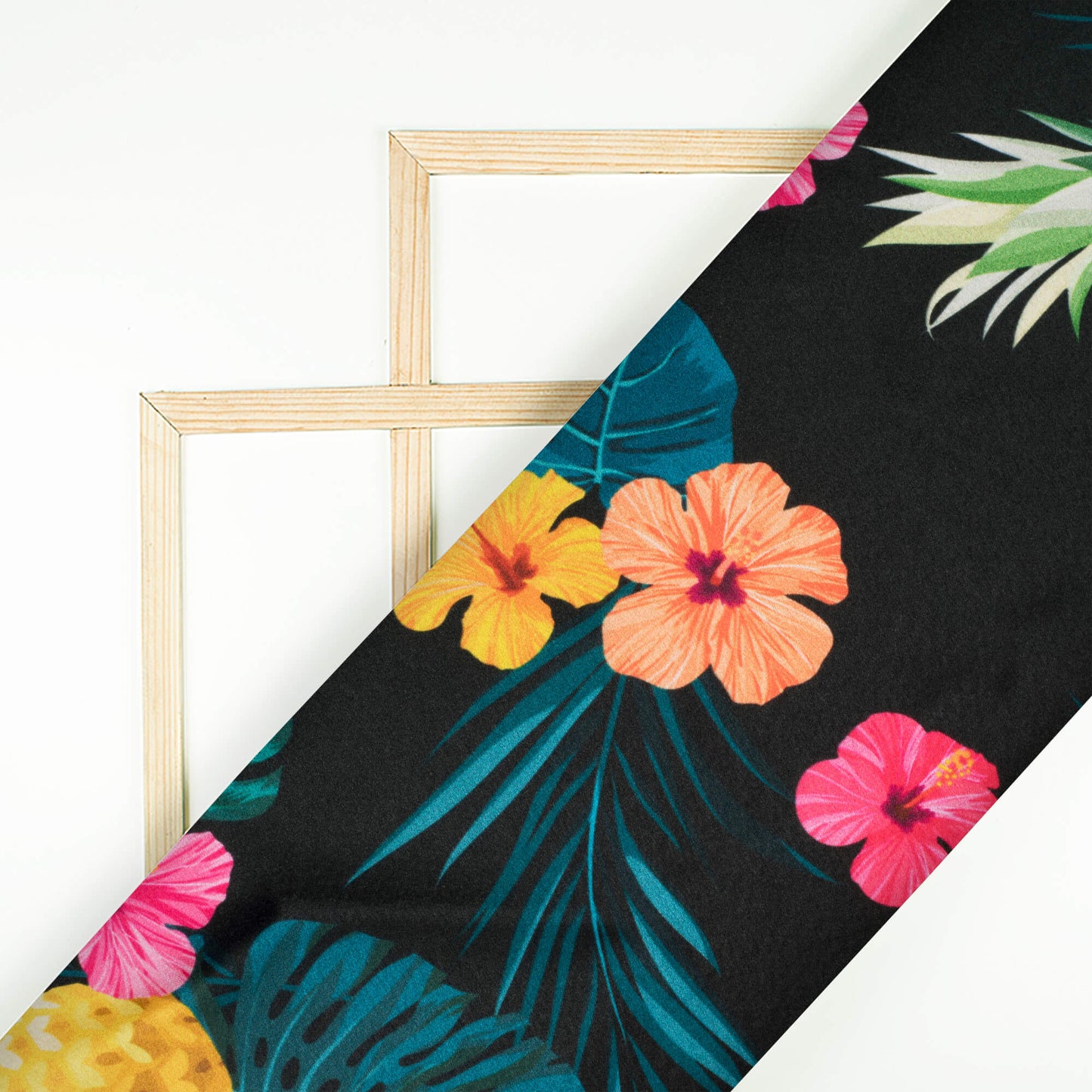 Black And Honey Yellow Tropical Pattern Digital Print Japan Satin Fabric - Fabcurate