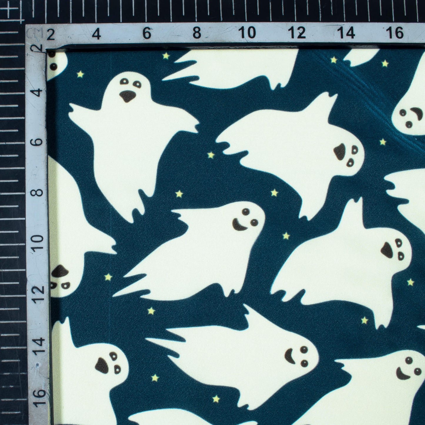 Prussian Blue And White Halloween Pattern Digital Print American Crepe Fabric - Fabcurate