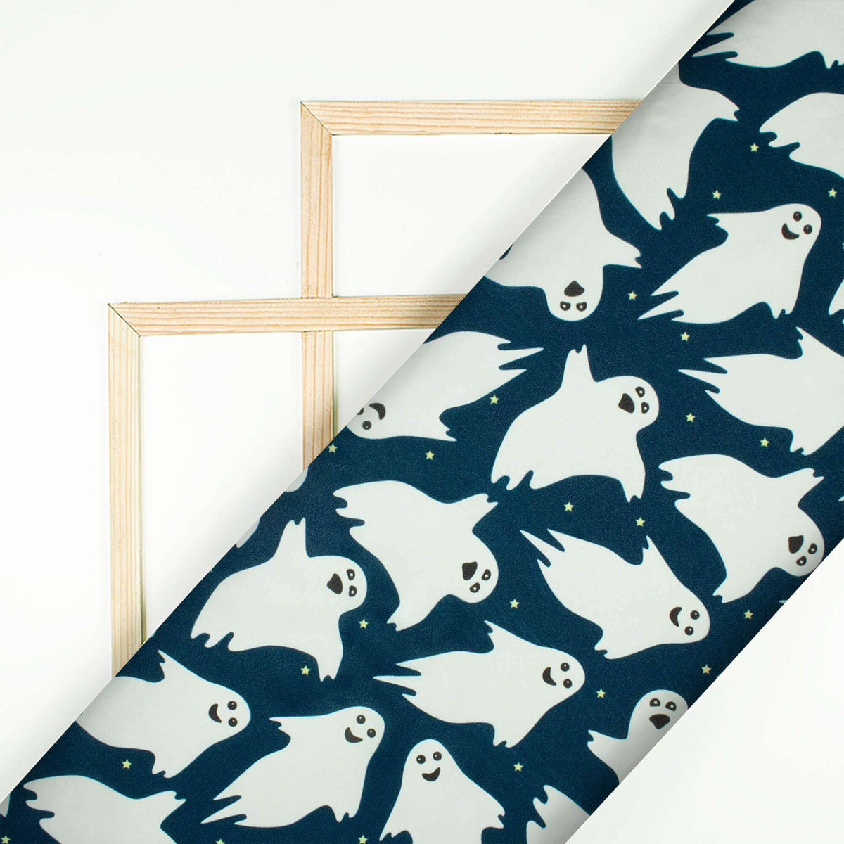 Prussian Blue And White Halloween Pattern Digital Print American Crepe Fabric - Fabcurate