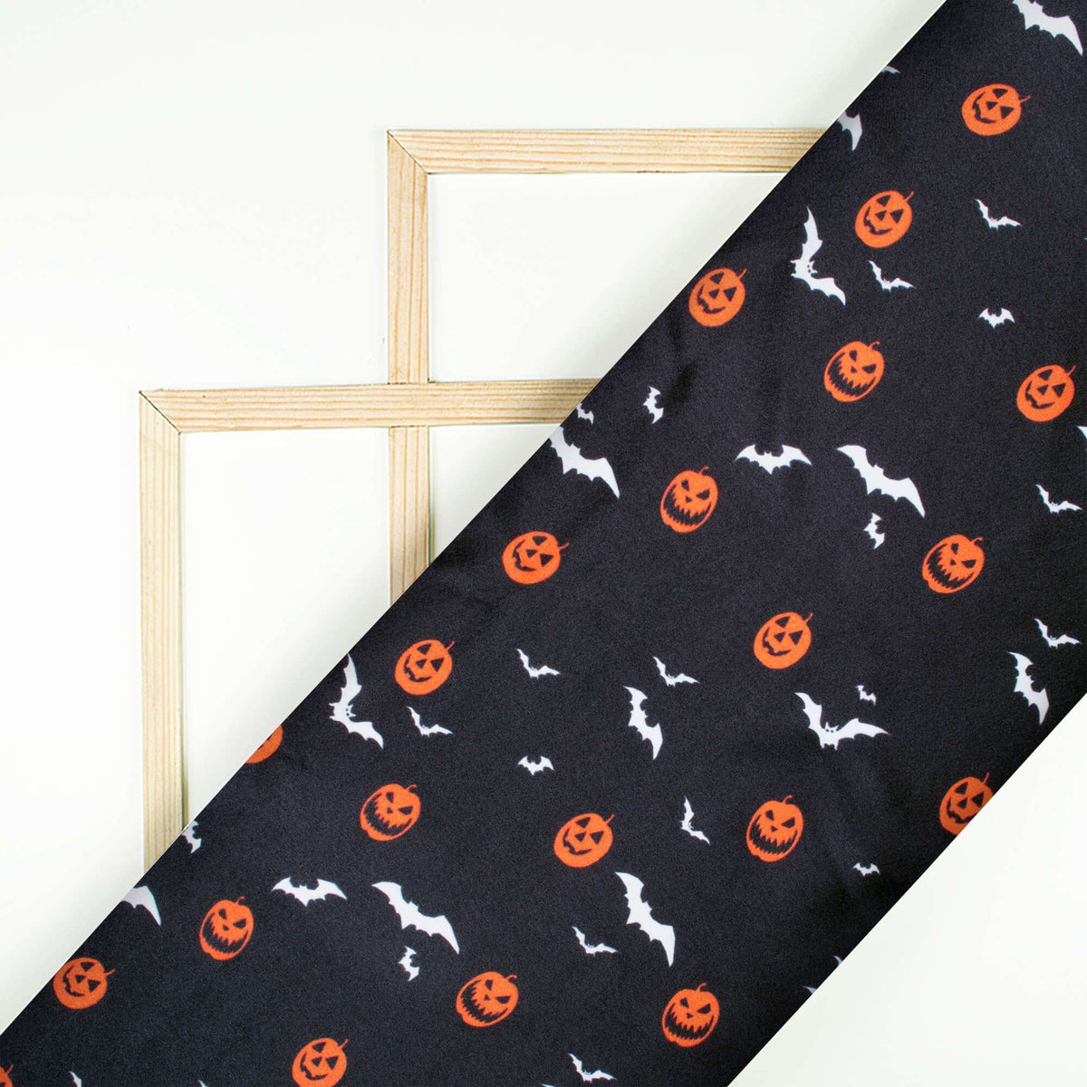 Blue And Orange Halloween Pattern Digital Print Japan Satin Fabric - Fabcurate