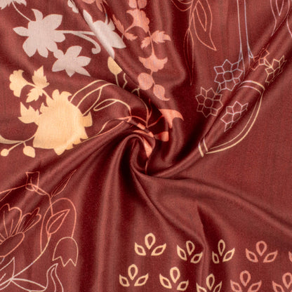Vermillion Red And Beige Floral Pattern Digital Print Lush Satin Fabric