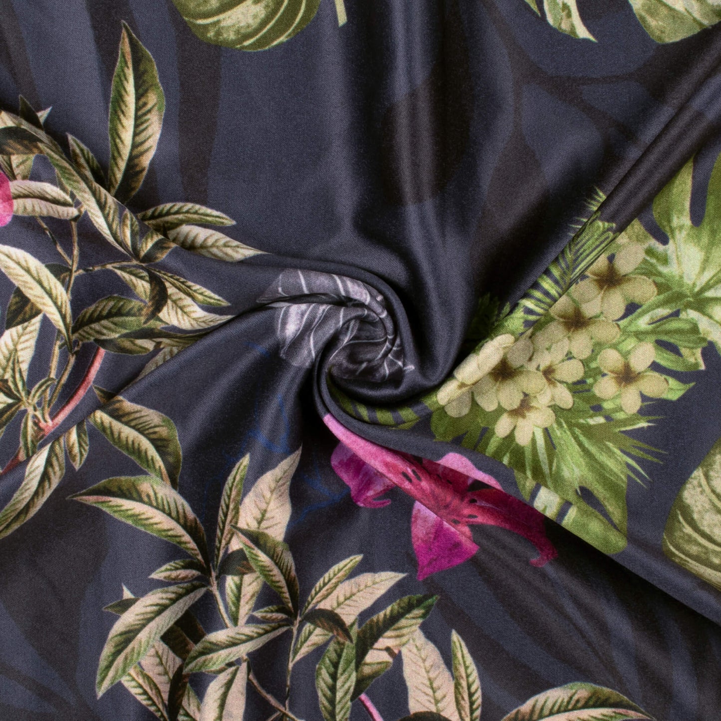 Prussian Blue And Fern Green Floral Pattern Digital Print Lush Satin Fabric