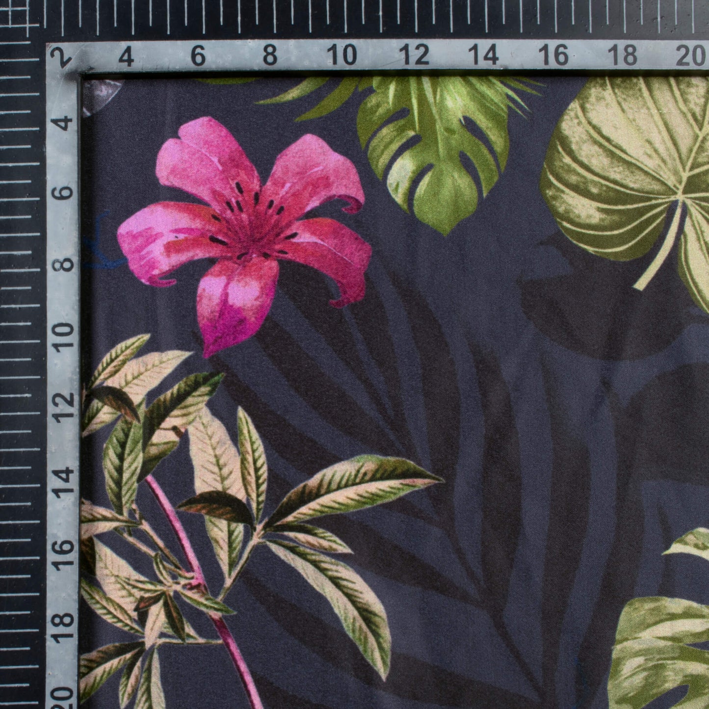 Prussian Blue And Fern Green Floral Pattern Digital Print Lush Satin Fabric