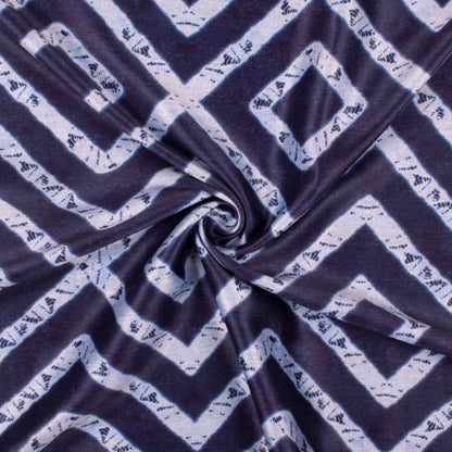 Navy Blue And Off White Chevron Pattern Digital Print Lush Satin Fabric