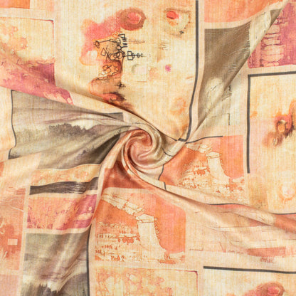 Peach And Moss Green Patch Pattern Digital Print Lush Satin Fabric