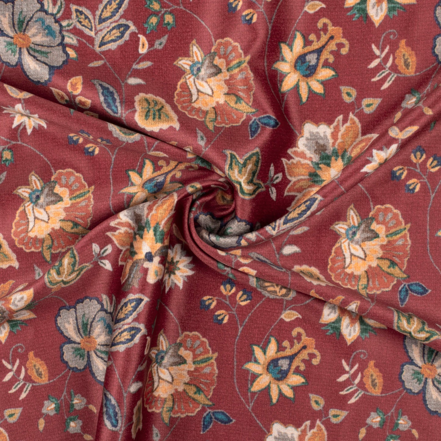 Currant Red And Green Floral Pattern Digital Print Lush Satin Fabric