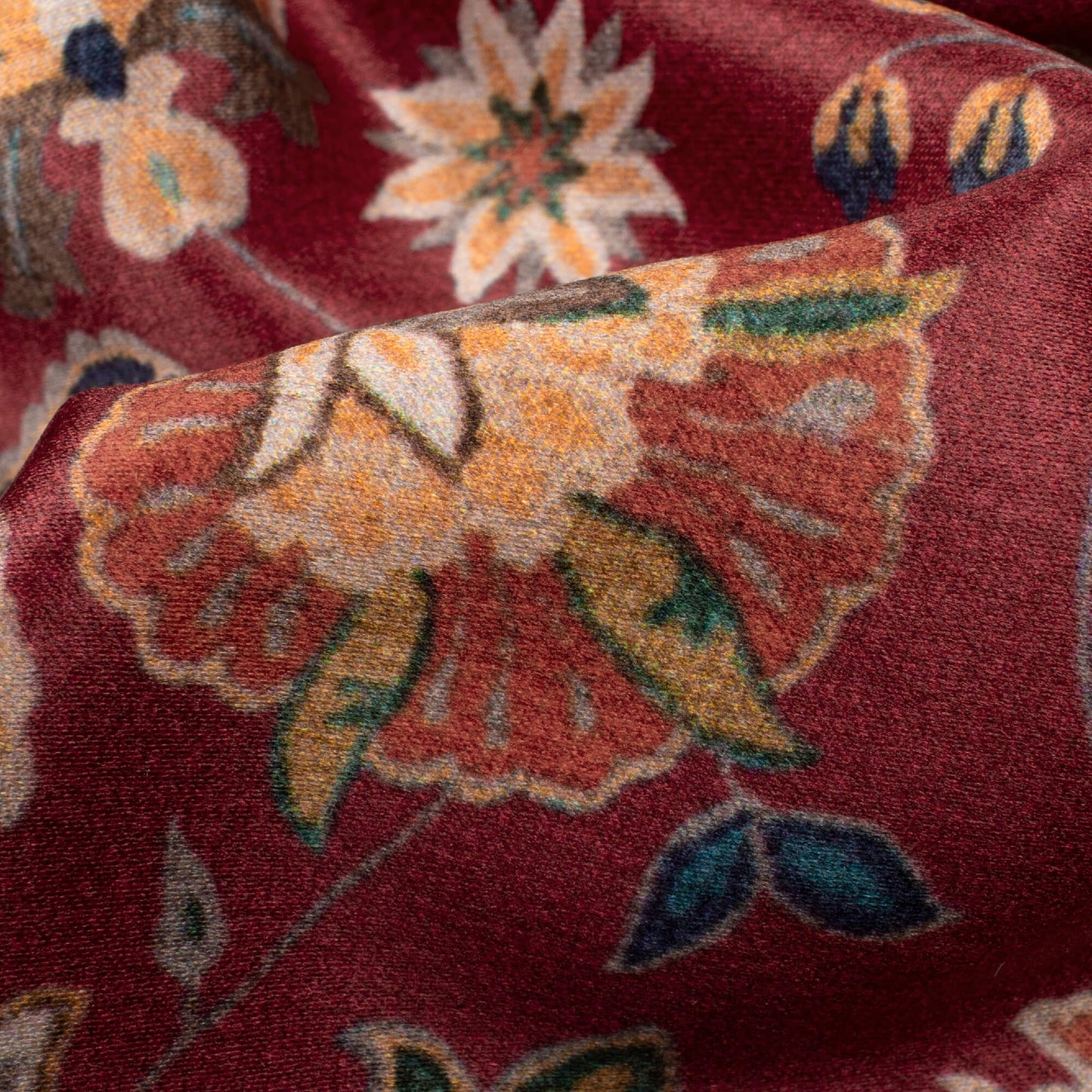 Currant Red And Green Floral Pattern Digital Print Lush Satin Fabric