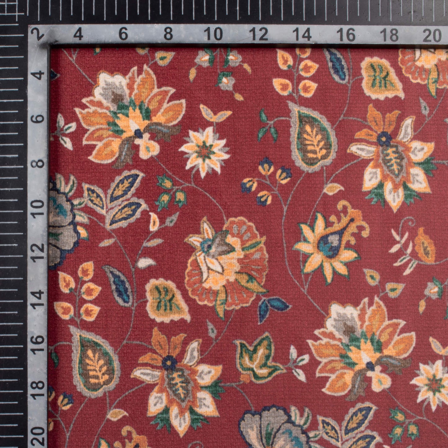 Currant Red And Green Floral Pattern Digital Print Lush Satin Fabric