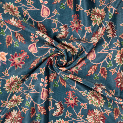 Yale Blue And Red Floral Pattern Digital Print Lush Satin Fabric