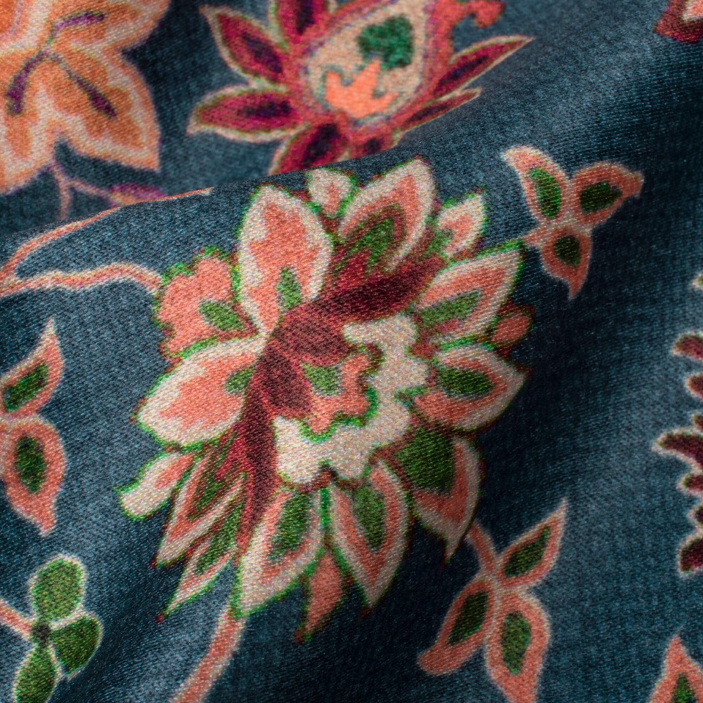 Yale Blue And Red Floral Pattern Digital Print Lush Satin Fabric