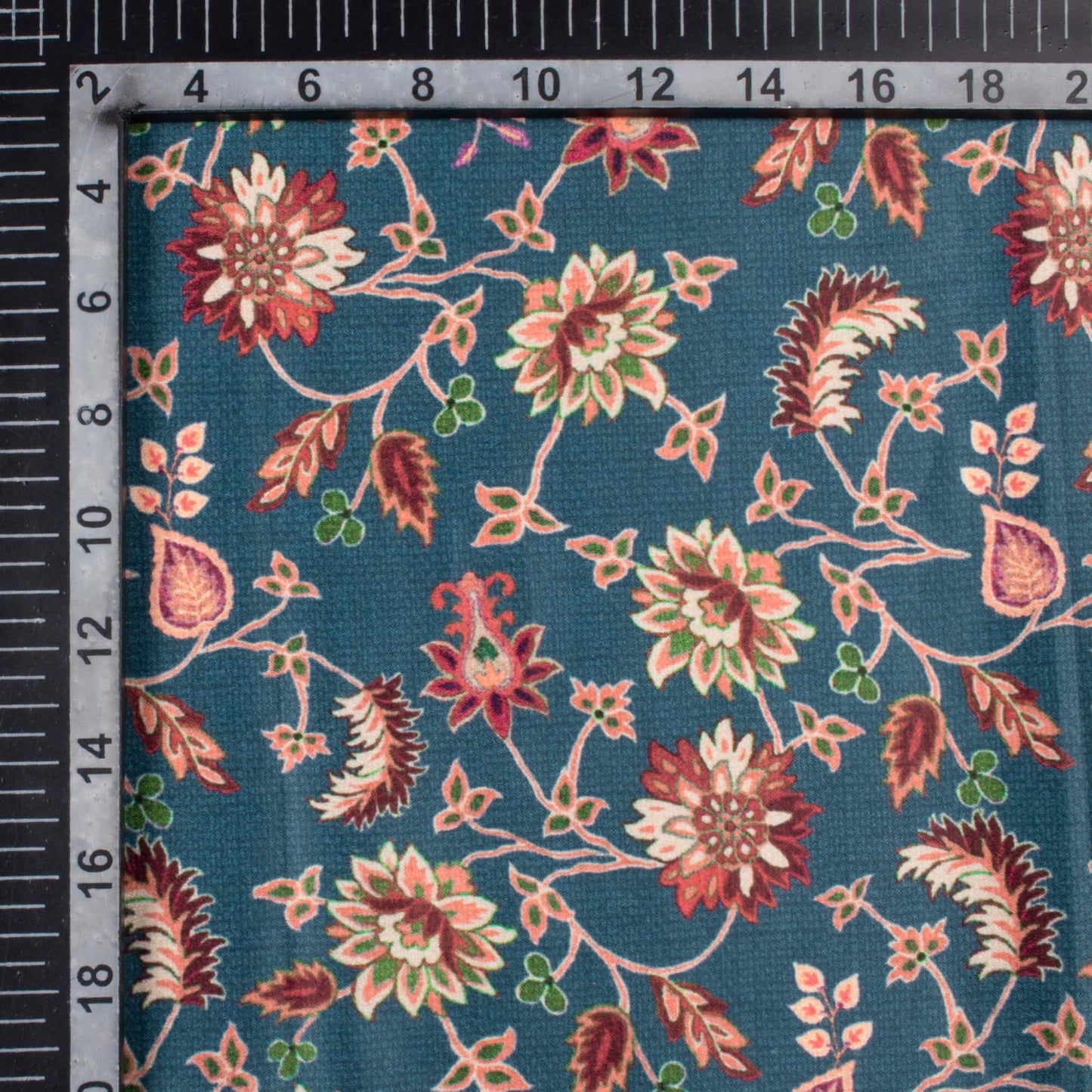 Yale Blue And Red Floral Pattern Digital Print Lush Satin Fabric