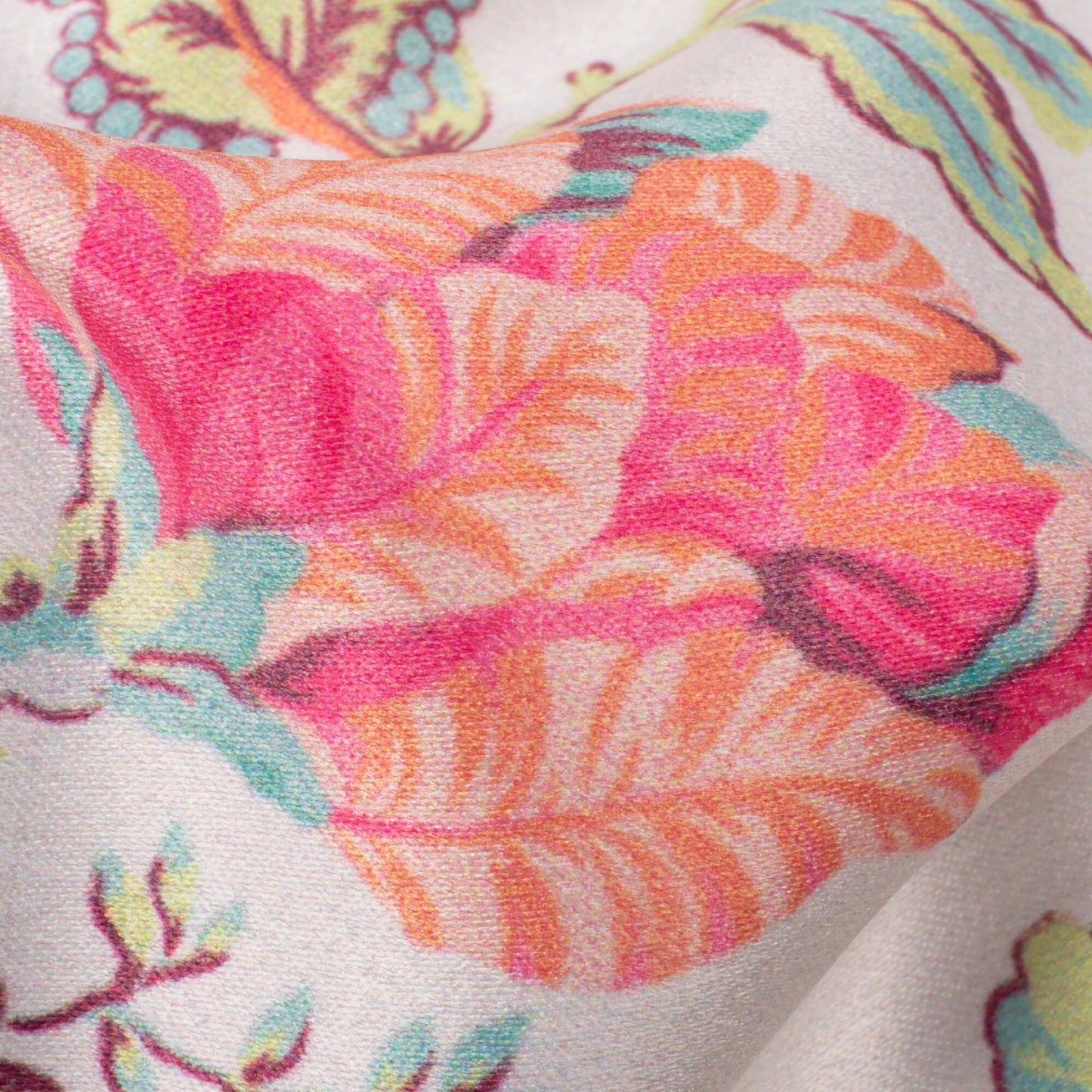 Premium White And Taffy Pink Floral Pattern Digital Print Lush Satin Fabric