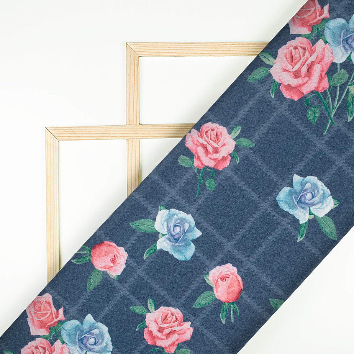 Prussian Blue And Rose Pink Floral Pattern Digital Print Lush Satin Fabric