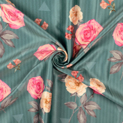 Viridian Green And Rose Pink Floral Pattern Digital Print Lush Satin Fabric