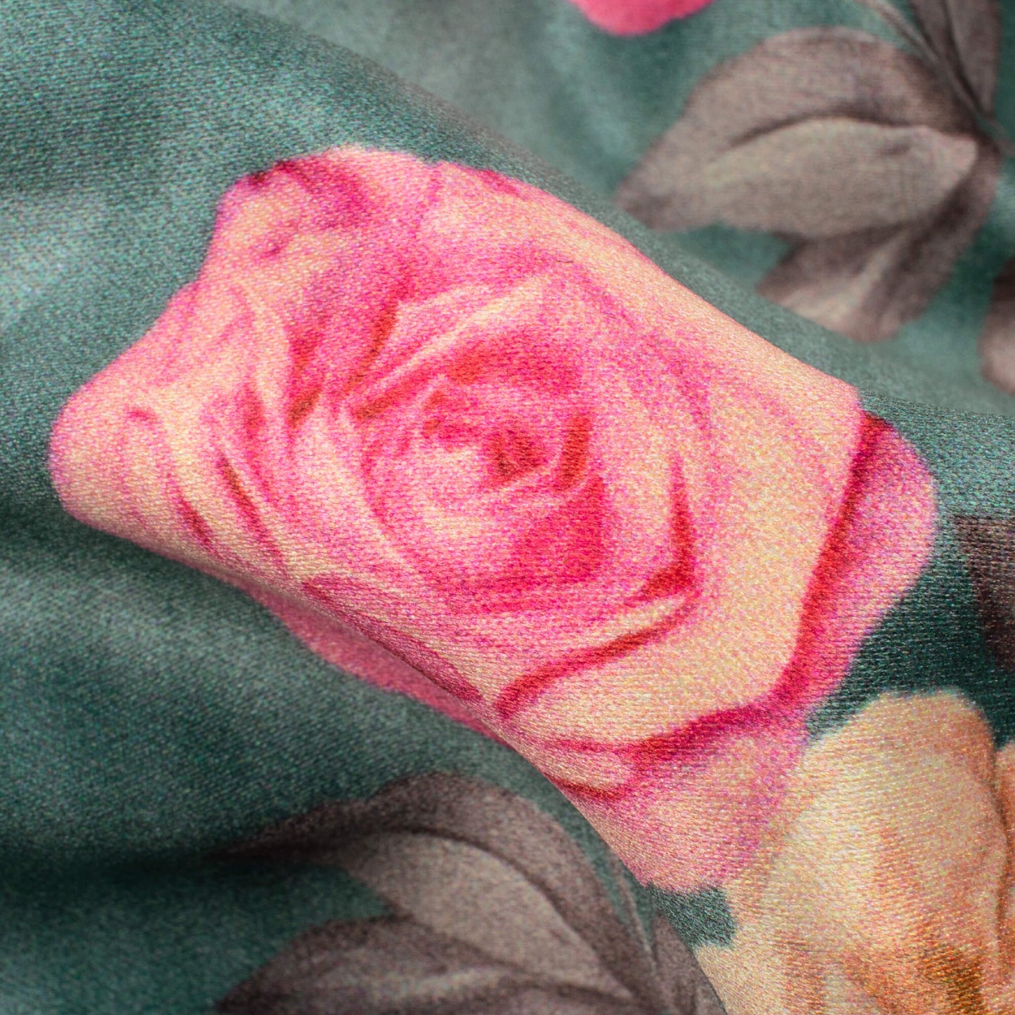 Viridian Green And Rose Pink Floral Pattern Digital Print Lush Satin Fabric