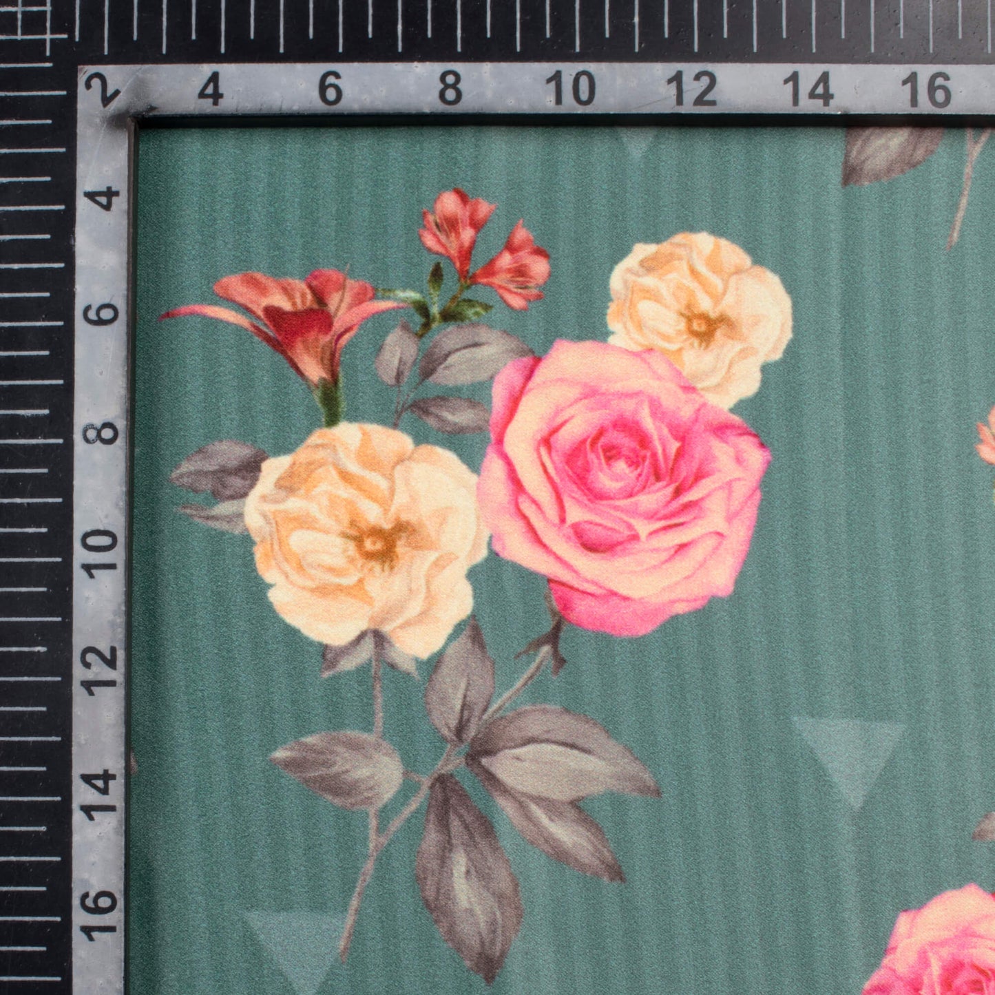 Viridian Green And Rose Pink Floral Pattern Digital Print Lush Satin Fabric