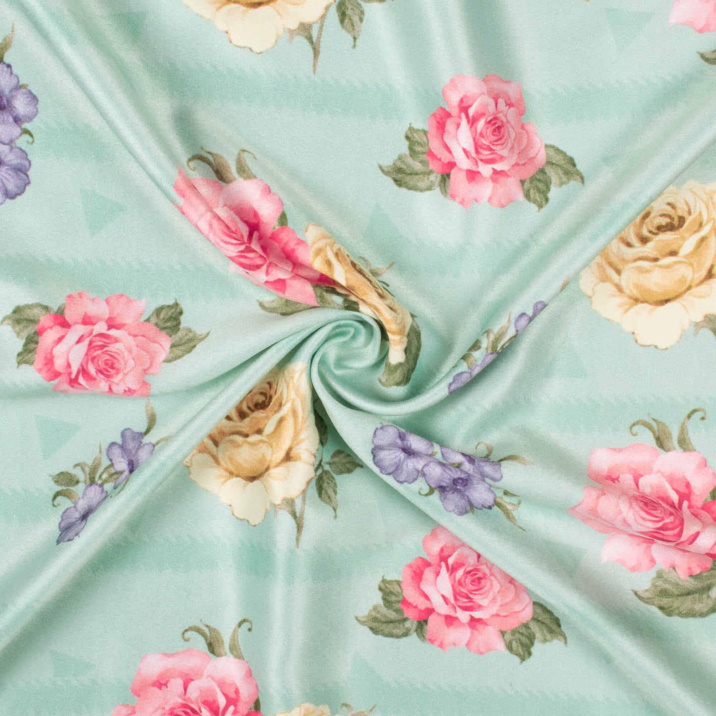 Mint Green And Rose Pink Floral Pattern Digital Print Lush Satin Fabric