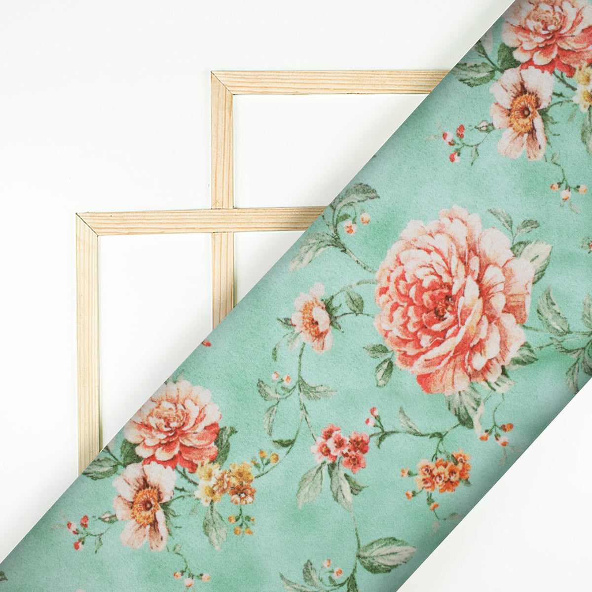 Paris Green And Brick Pink Floral Pattern Digital Print Lush Satin Fabric