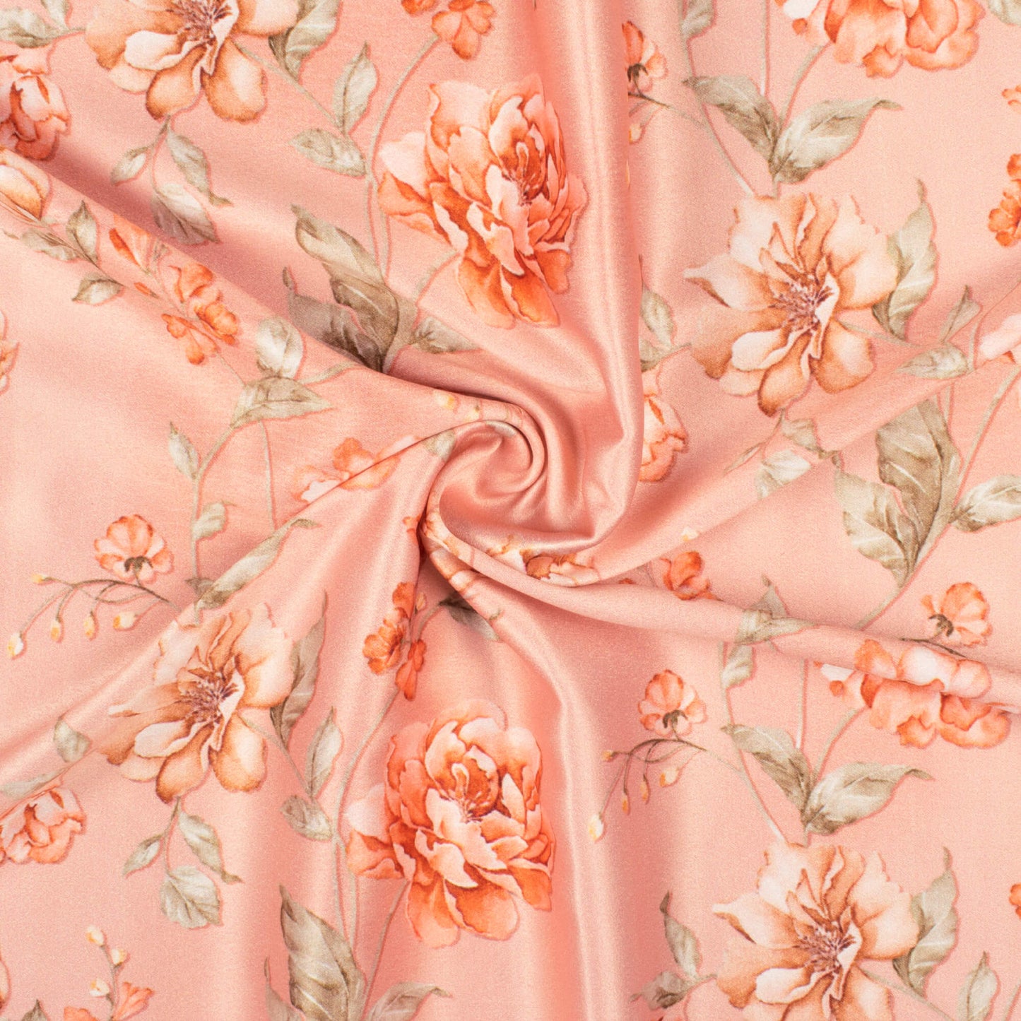 Flamingo Pink And Green Floral Pattern Digital Print Lush Satin Fabric