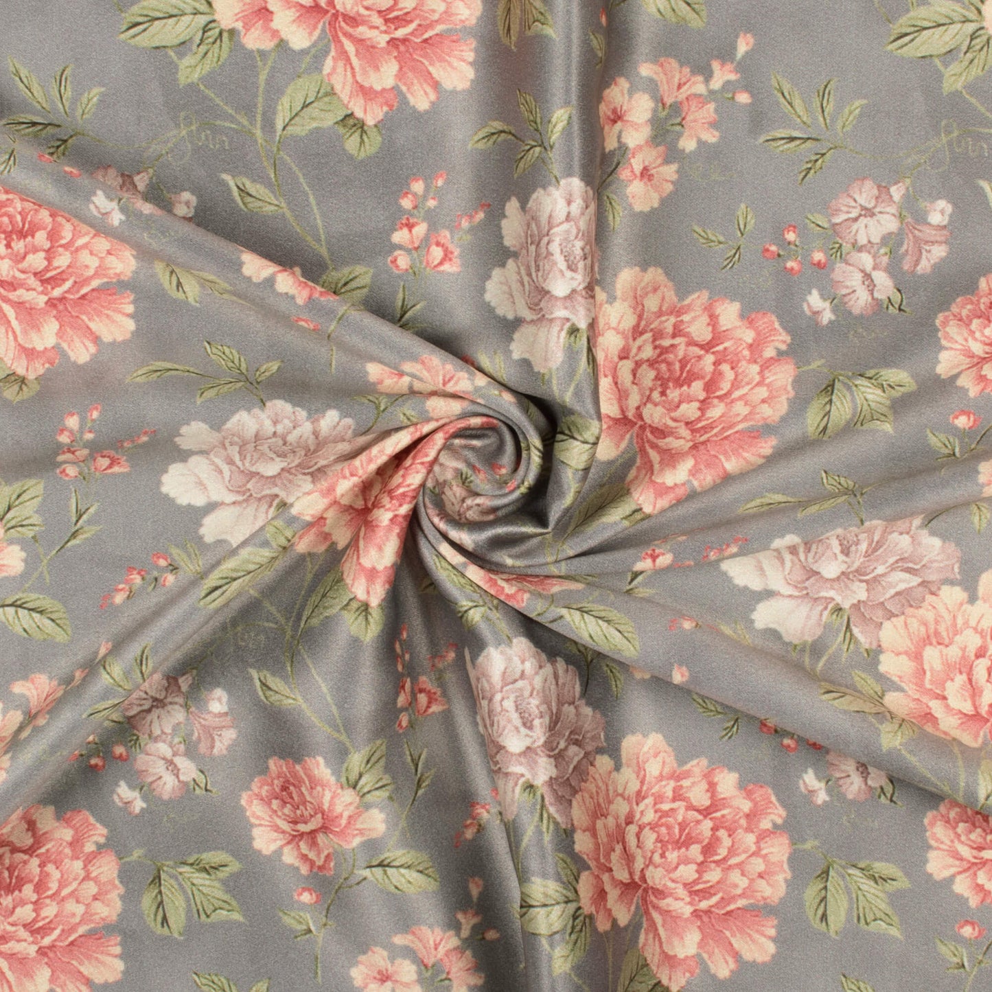 Lava Grey And Brick Pink Floral Pattern Digital Print Lush Satin Fabric