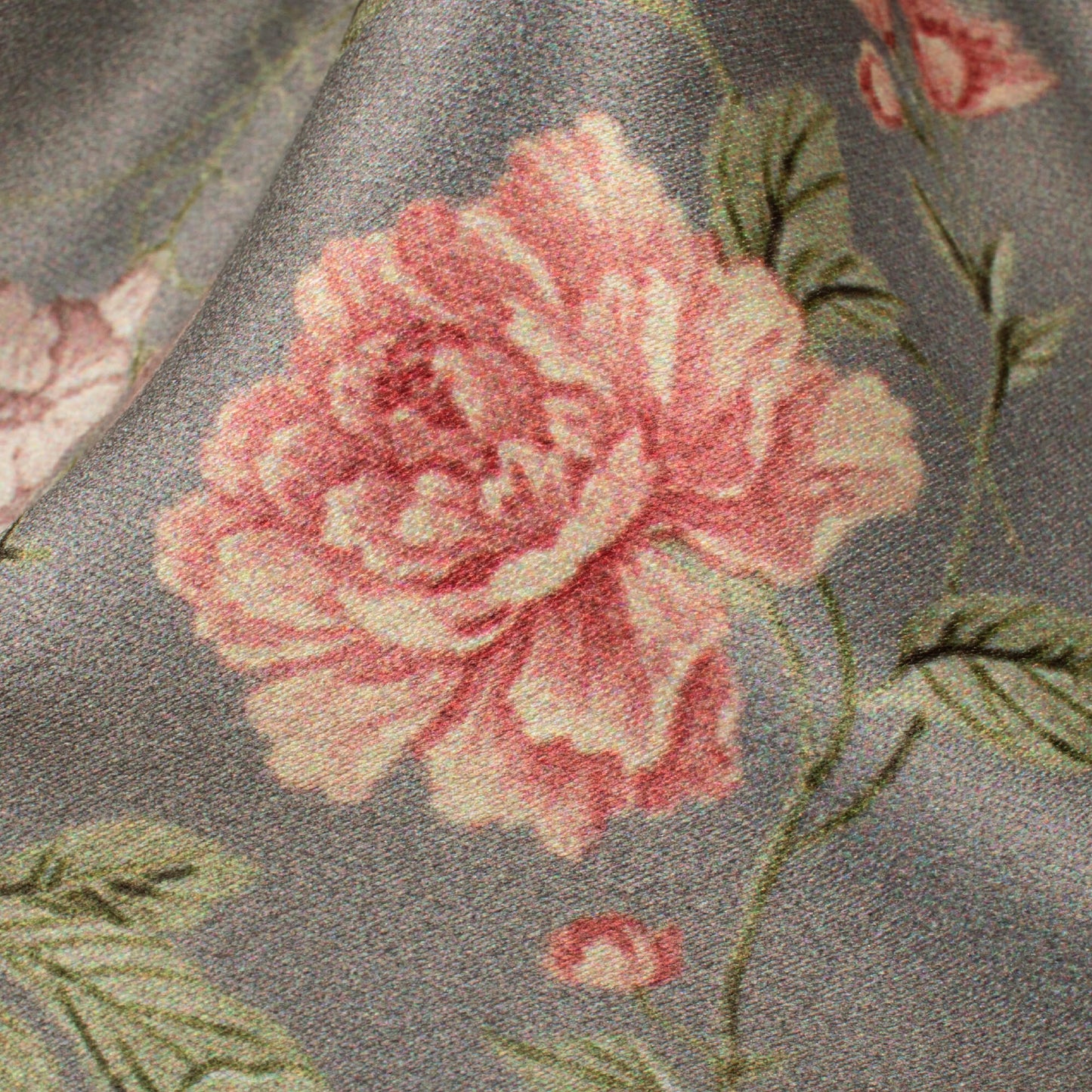 Lava Grey And Brick Pink Floral Pattern Digital Print Lush Satin Fabric