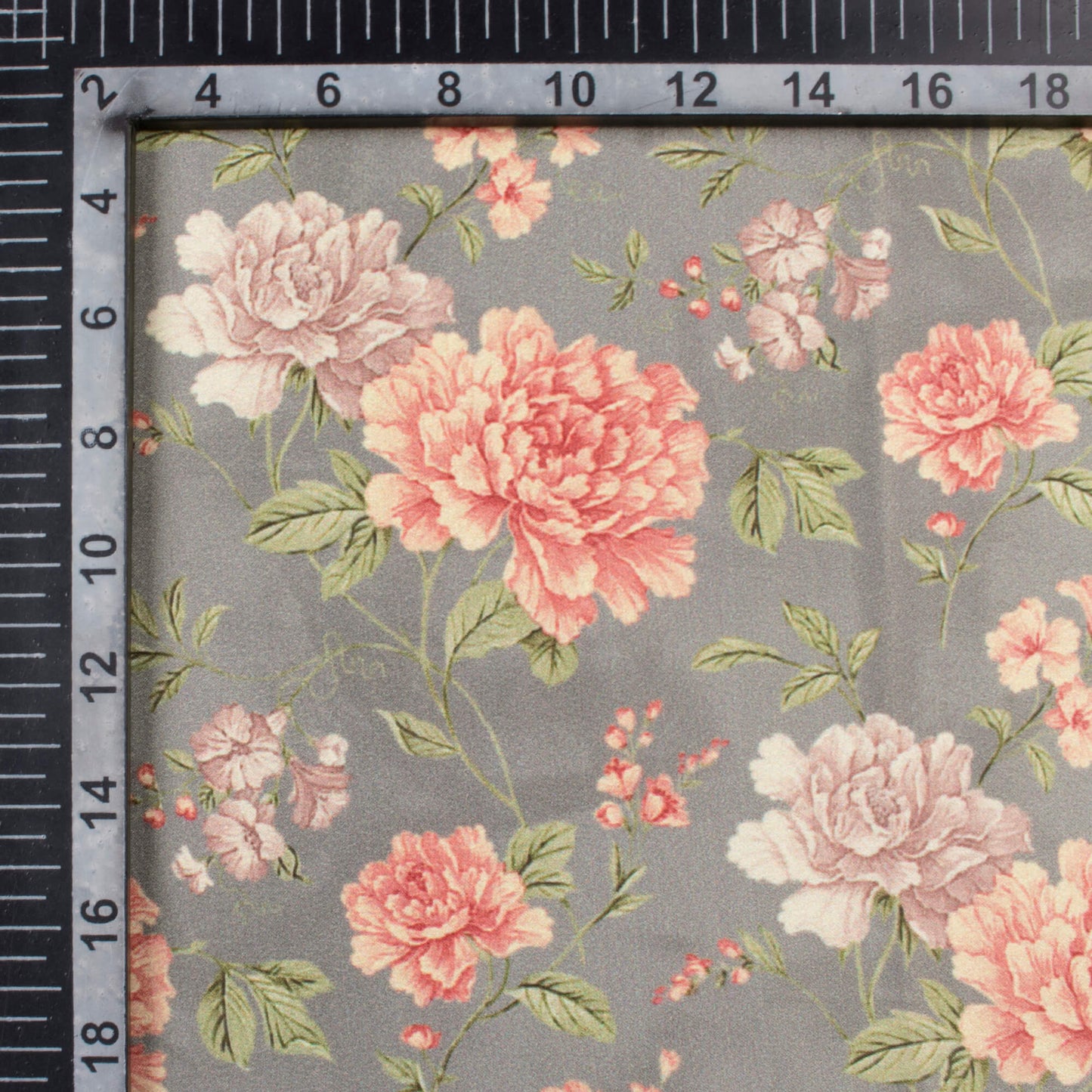 Lava Grey And Brick Pink Floral Pattern Digital Print Lush Satin Fabric