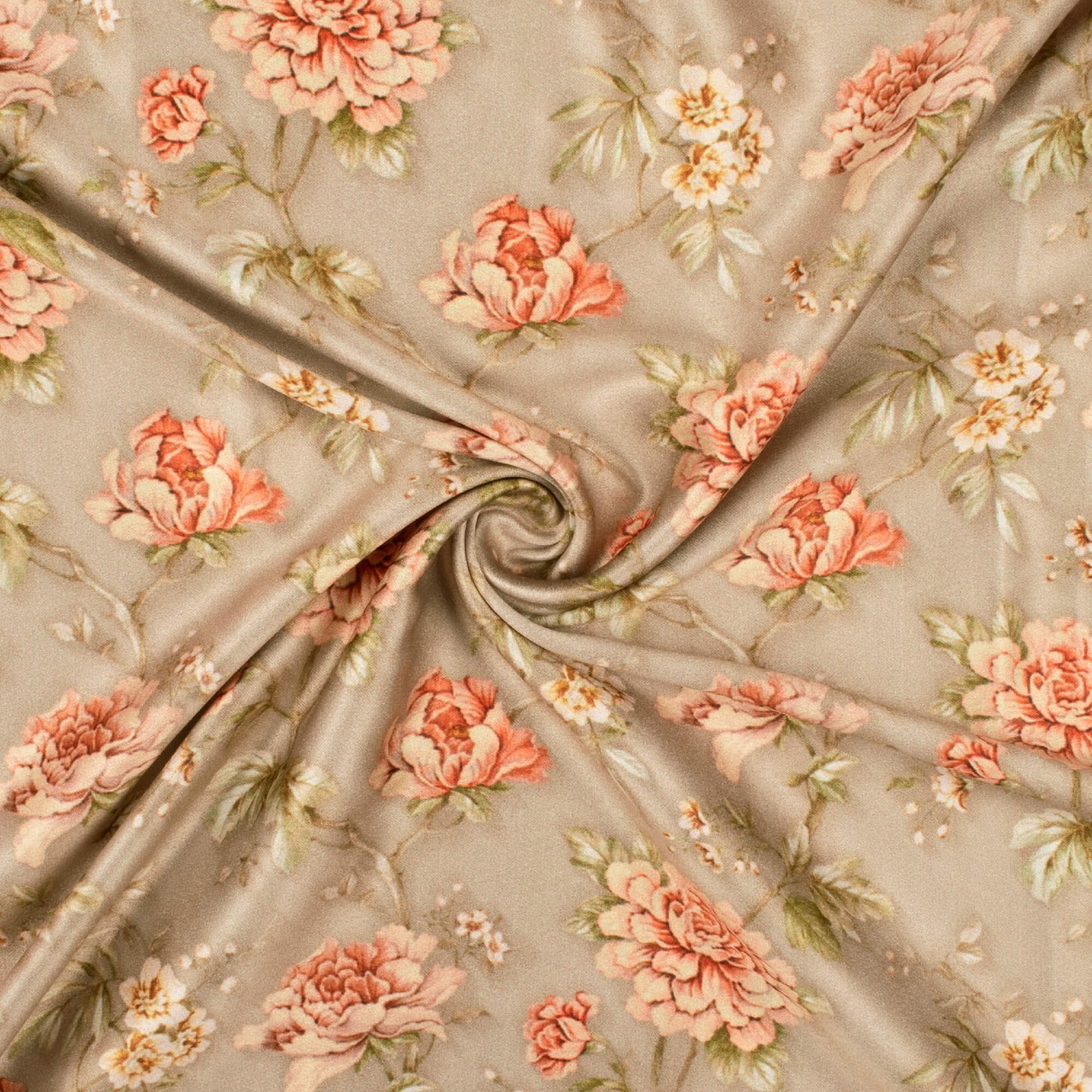 Artichoke Green And Peach Floral Pattern Digital Print Lush Satin Fabric