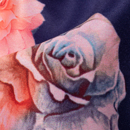 Royal Blue And Peach Floral Pattern Digital Print Lush Satin Fabric