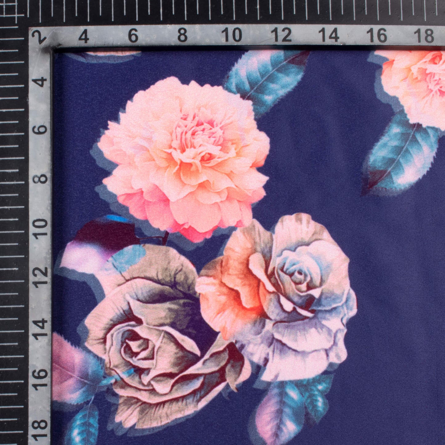 Royal Blue And Peach Floral Pattern Digital Print Lush Satin Fabric