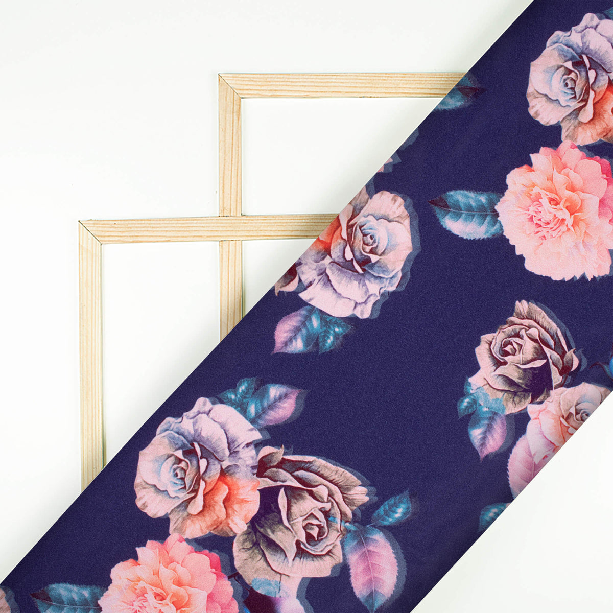 Royal Blue And Peach Floral Pattern Digital Print Lush Satin Fabric