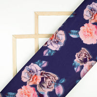 Royal Blue And Peach Floral Pattern Digital Print Lush Satin Fabric