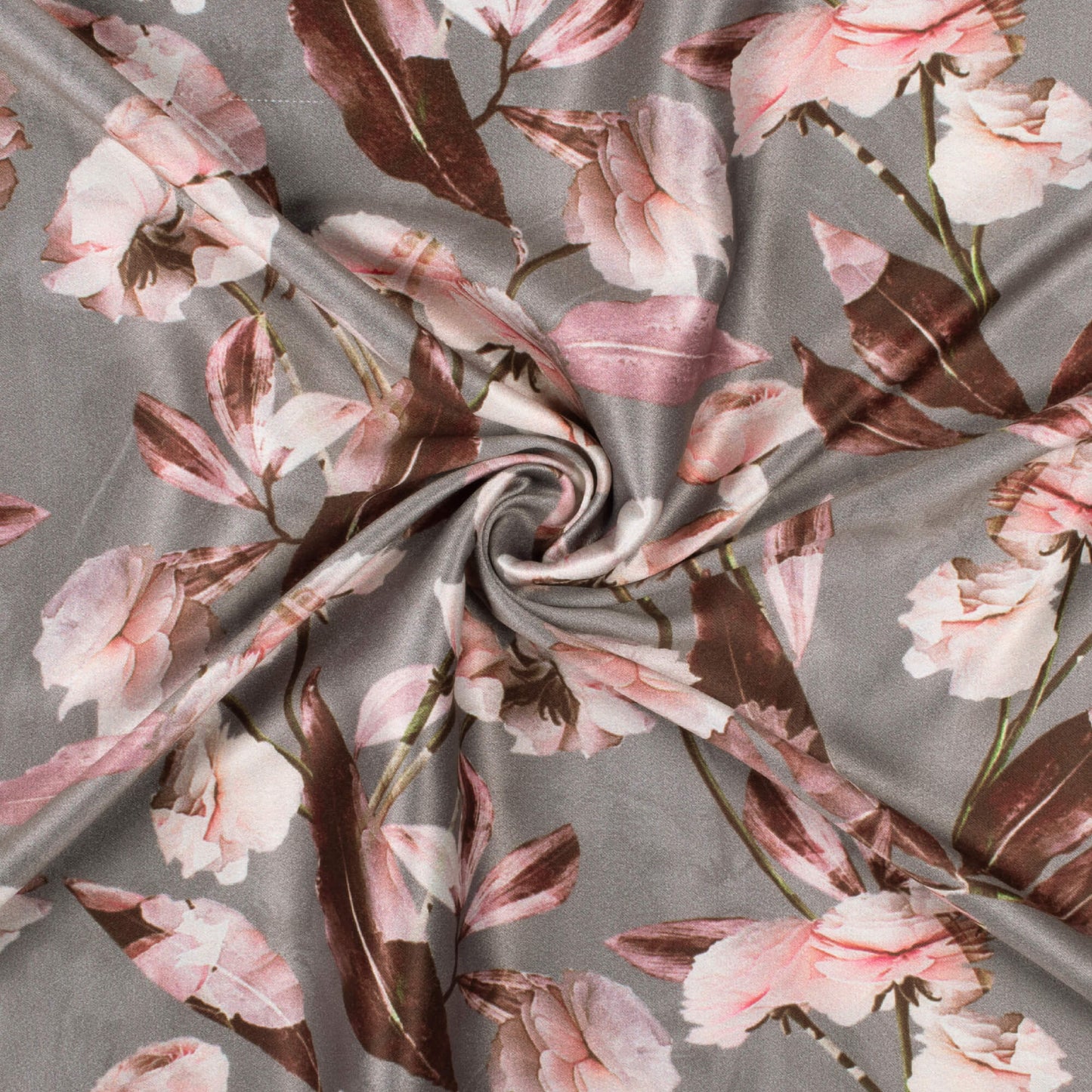 Lava Grey And Taffy Pink Floral Pattern Digital Print Lush Satin Fabric