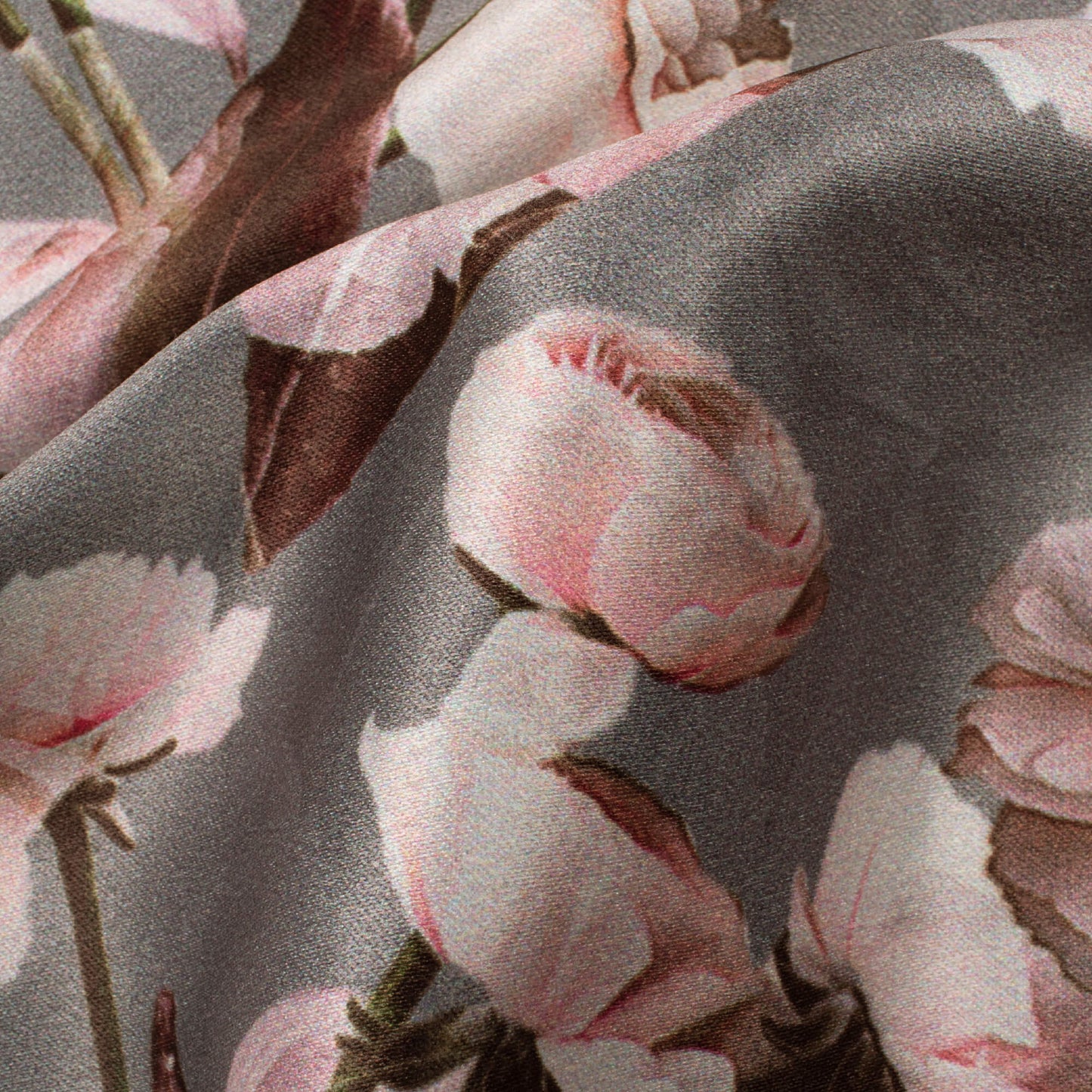 Lava Grey And Taffy Pink Floral Pattern Digital Print Lush Satin Fabric