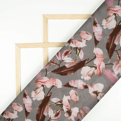 Lava Grey And Taffy Pink Floral Pattern Digital Print Lush Satin Fabric
