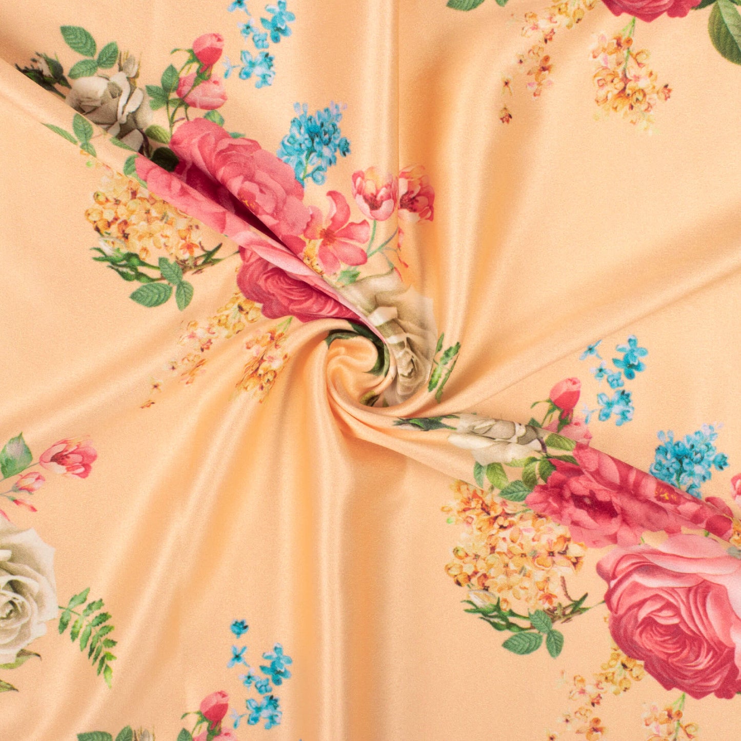 Peach And Pink Floral Pattern Digital Print Lush Satin Fabric