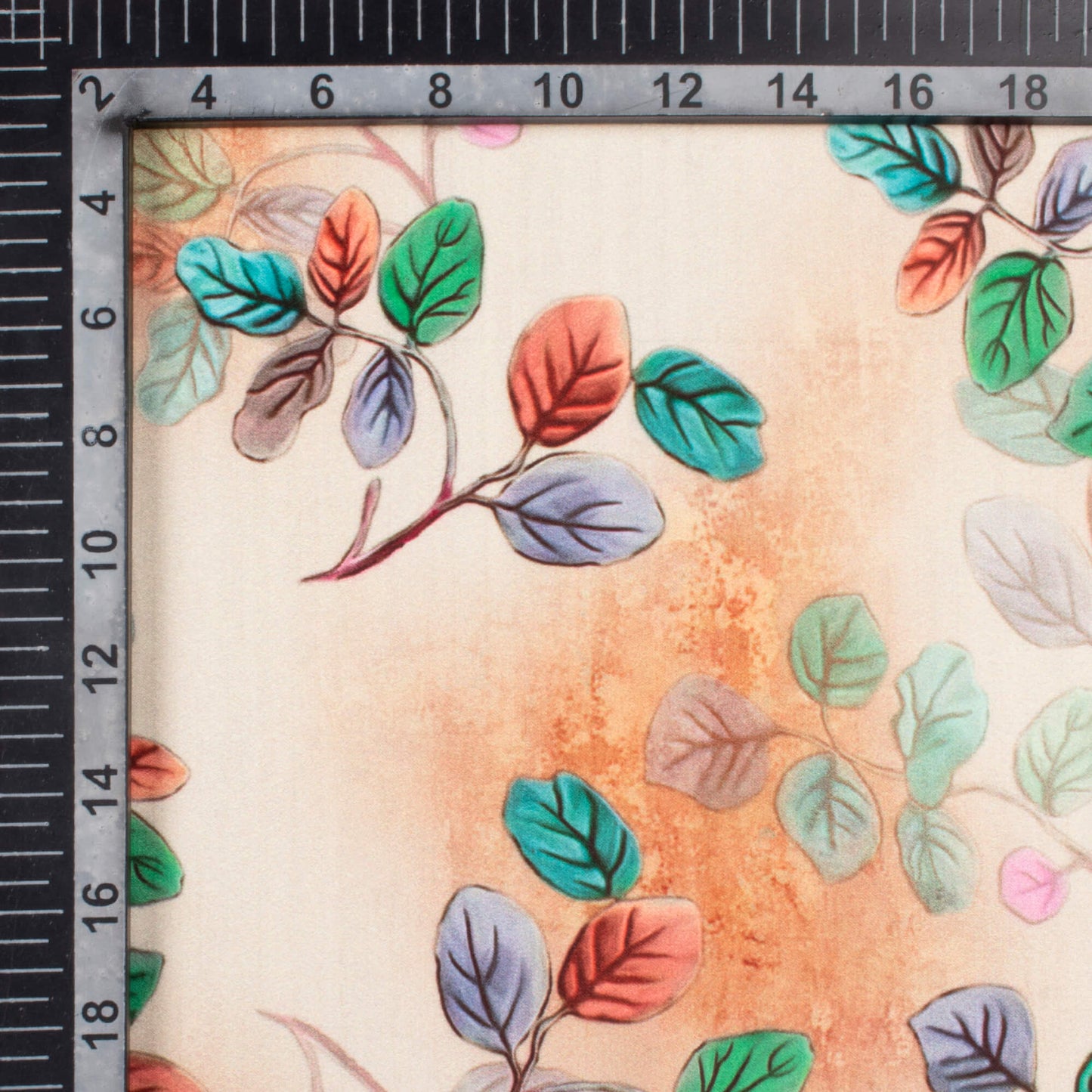 Squash Orange And Kelly Green Leaf Pattern Digital Print Lush Satin Fabric