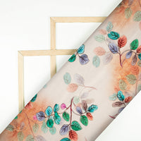 Squash Orange And Kelly Green Leaf Pattern Digital Print Lush Satin Fabric