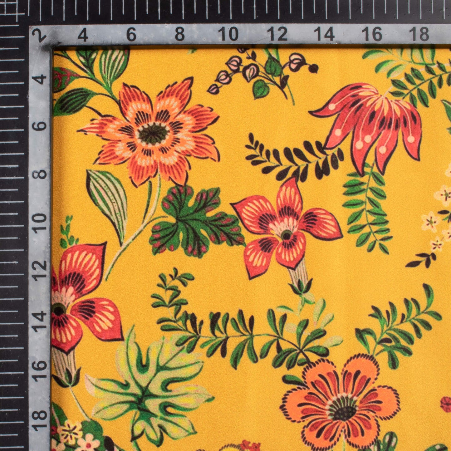 Amber Yellow And Crimson Red Floral Pattern Digital Print Lush Satin Fabric