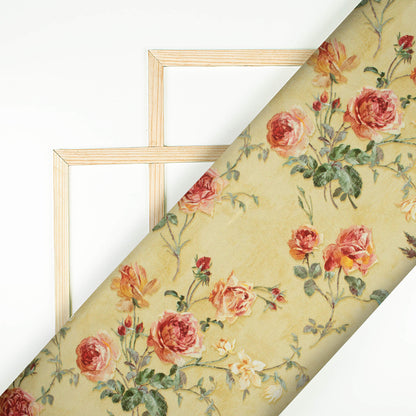 Elaichi Green And Pink Floral Pattern Digital Print Lush Satin Fabric