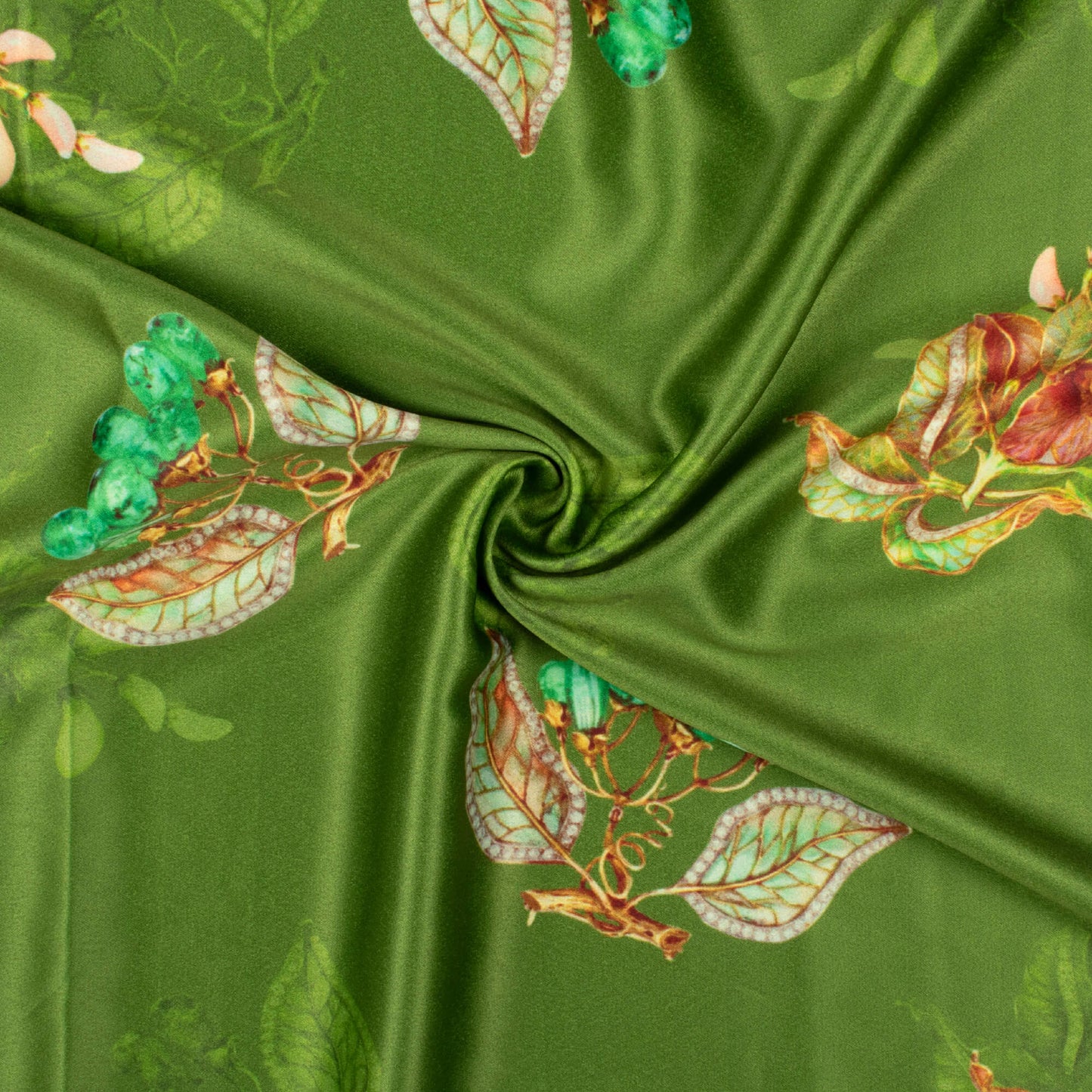 Basil Green Floral Pattern Digital Print Lush Satin Fabric
