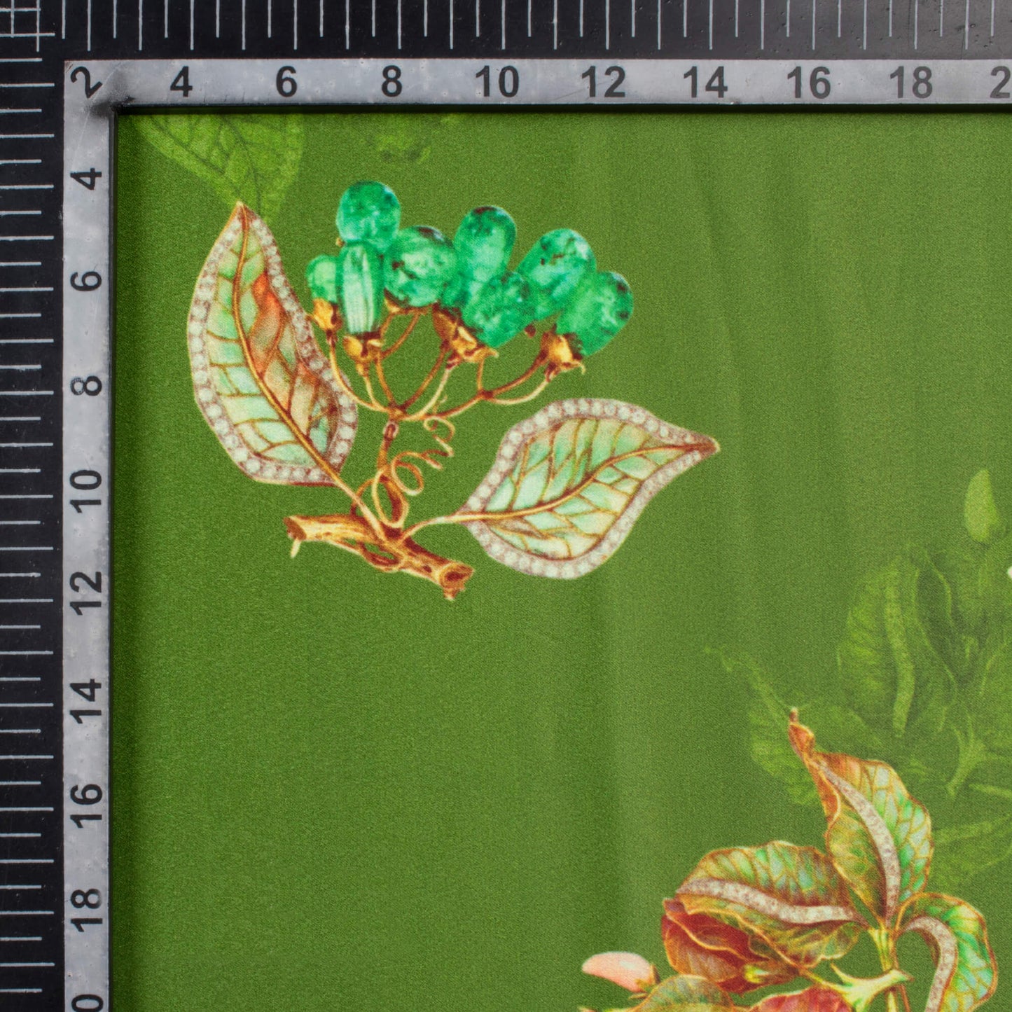 Basil Green Floral Pattern Digital Print Lush Satin Fabric