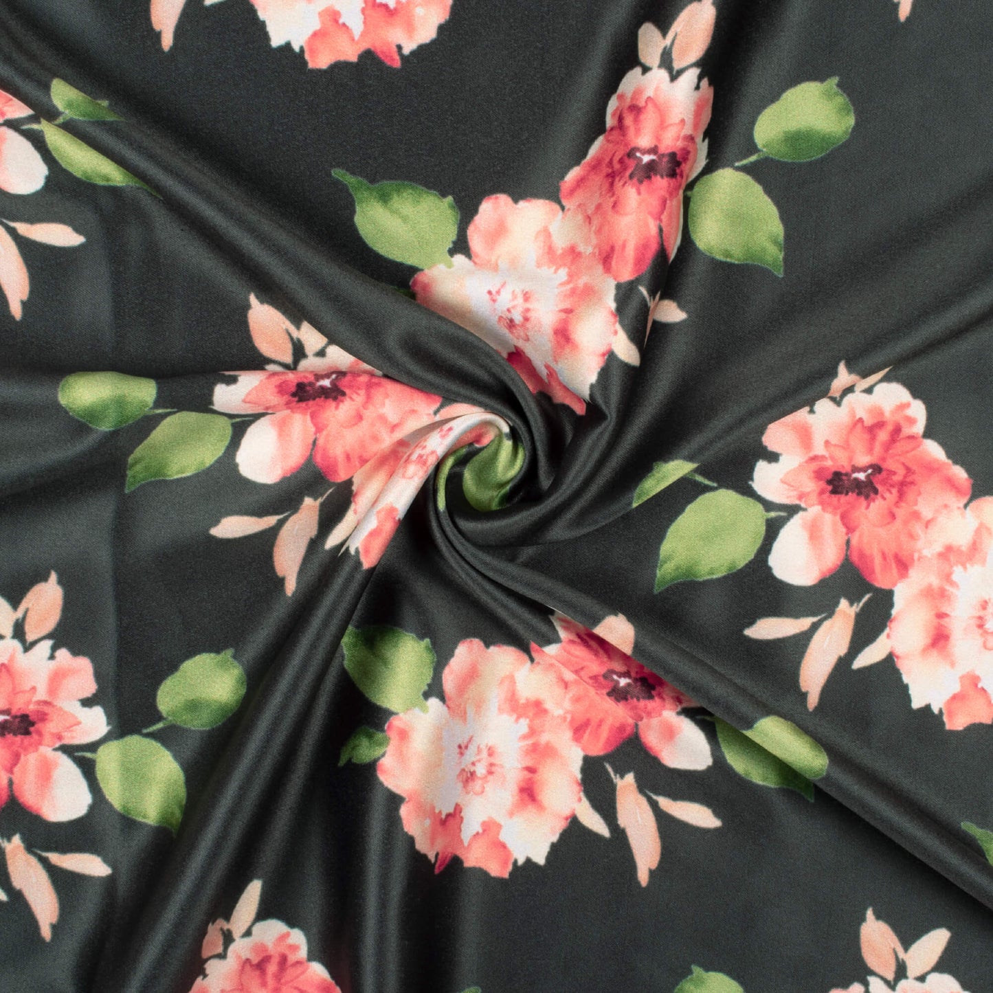 Black And Brick Pink Floral Pattern Digital Print Lush Satin Fabric