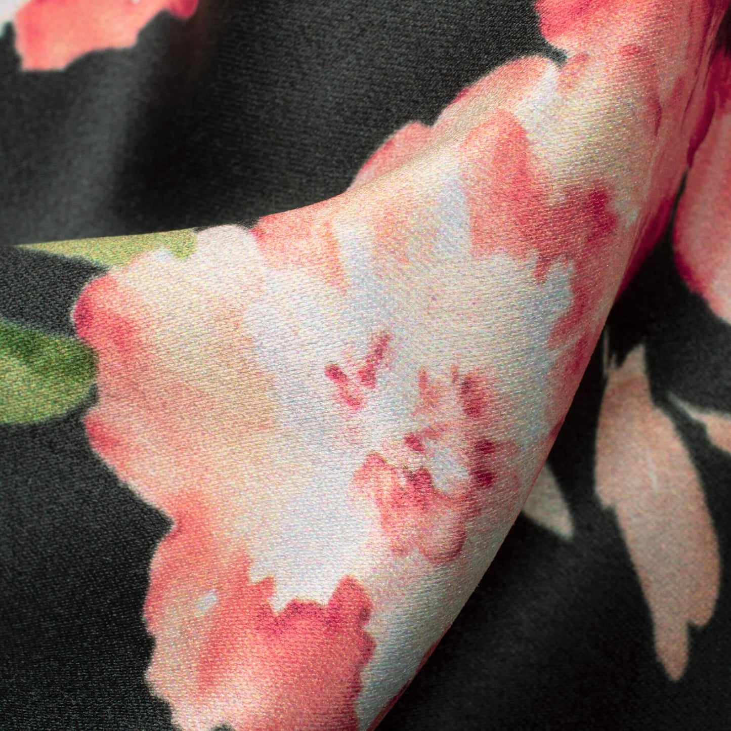 Black And Brick Pink Floral Pattern Digital Print Lush Satin Fabric