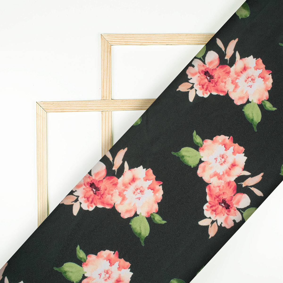 Black And Brick Pink Floral Pattern Digital Print Lush Satin Fabric