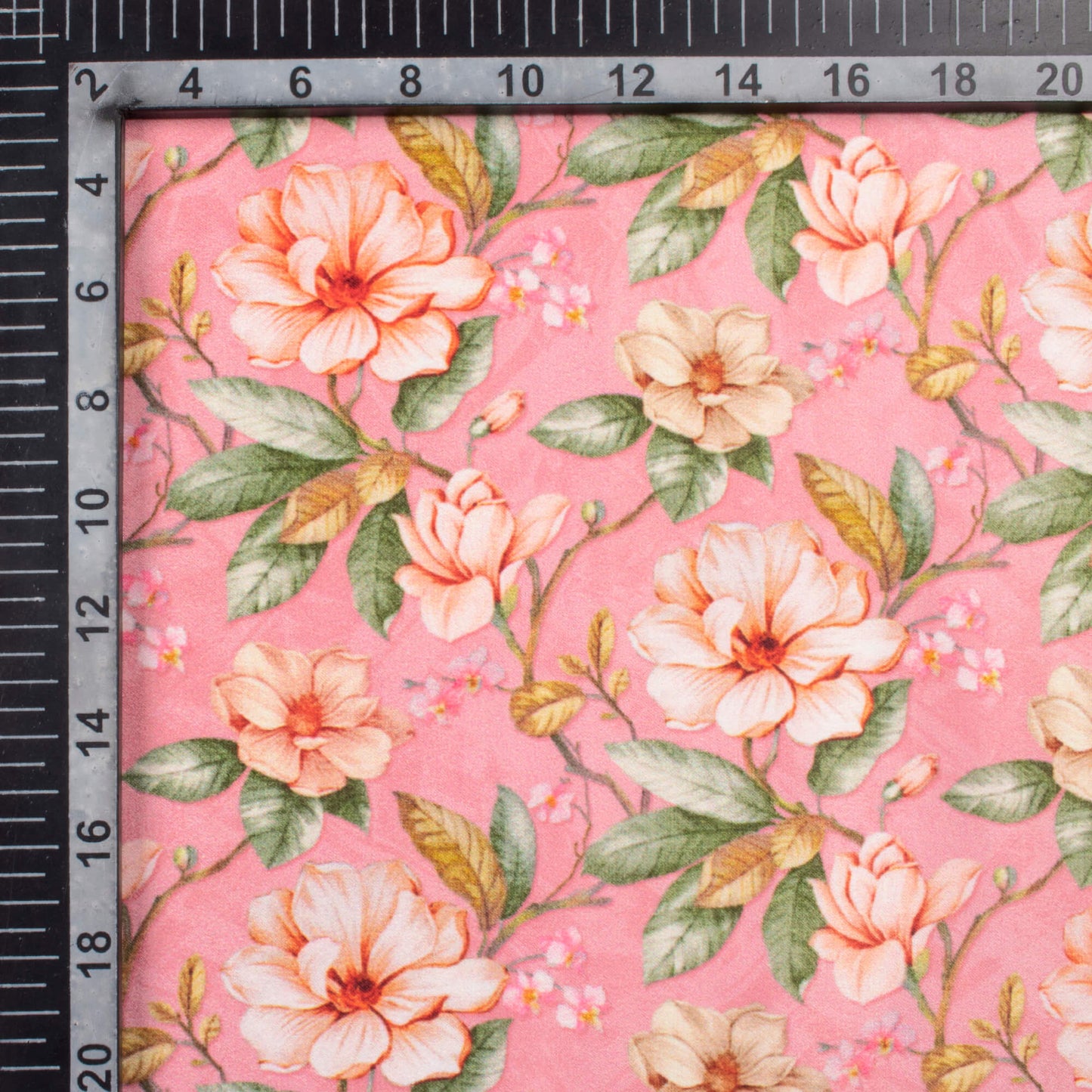 Creamy Pink And Green Floral Pattern Digital Print Lush Satin Fabric