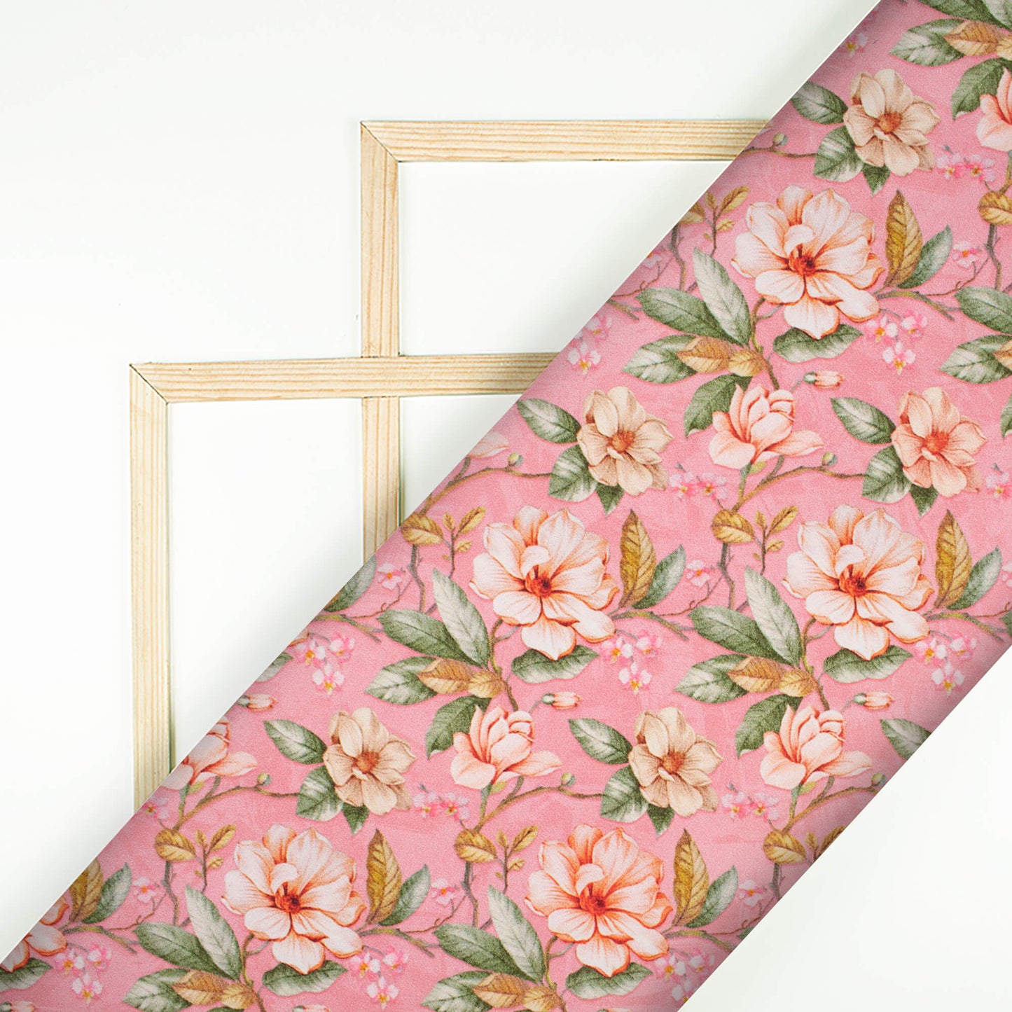 Creamy Pink And Green Floral Pattern Digital Print Lush Satin Fabric